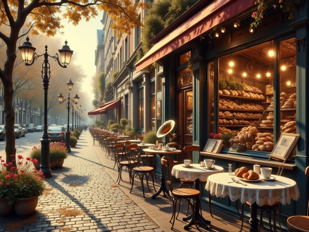 Whimsical Parisian Café in Oil Painted Art Nouveau Style