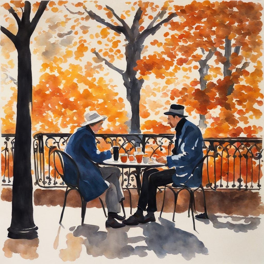 Melancholic Couple in Autumn Cafe, Astral Expressionist Styl...