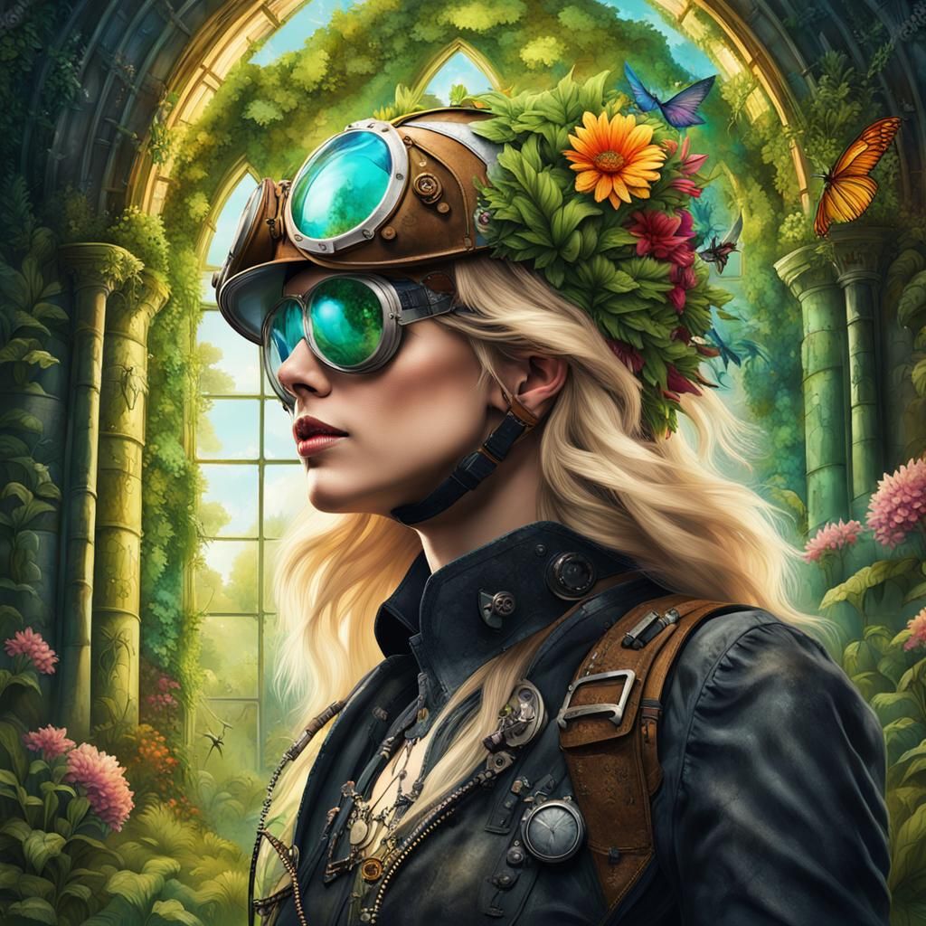 Steampunk Woman in Gothic Abbey, Hyperrealistic Art