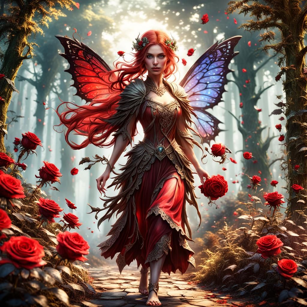 A Beautiful Fairy Creates Roses in Forest