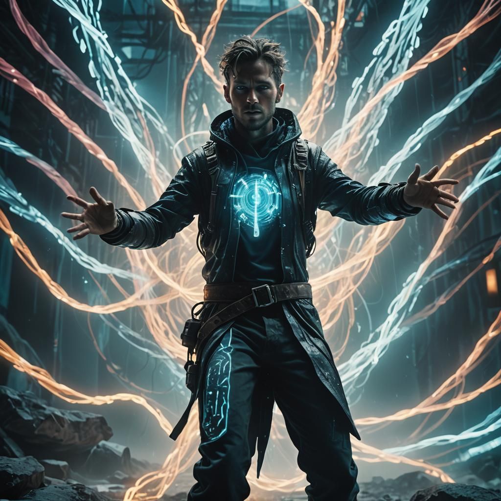 Technomancer Manipulating Digital Energies in a Film Still