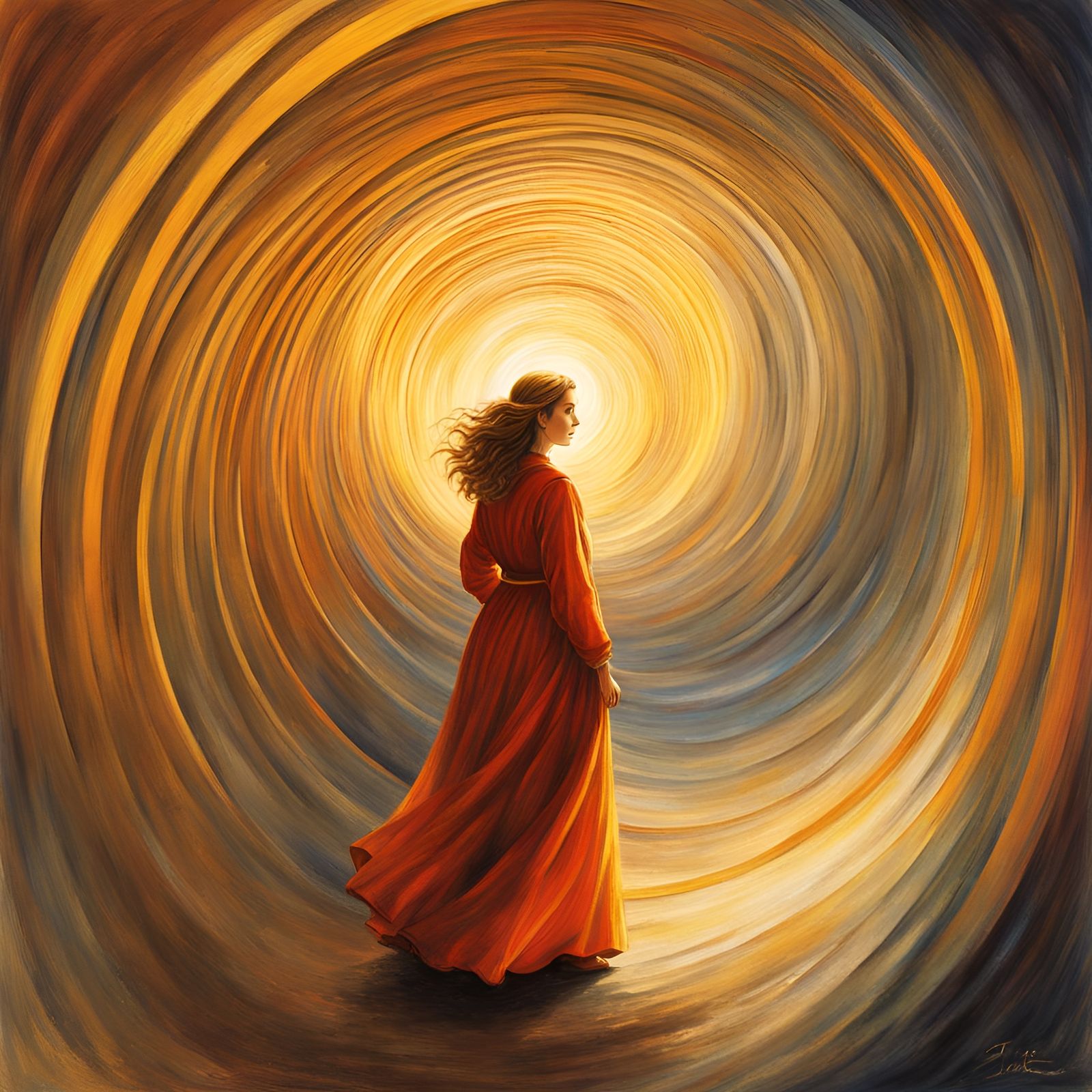 Woman in Time Tunnel with Watercolor Style