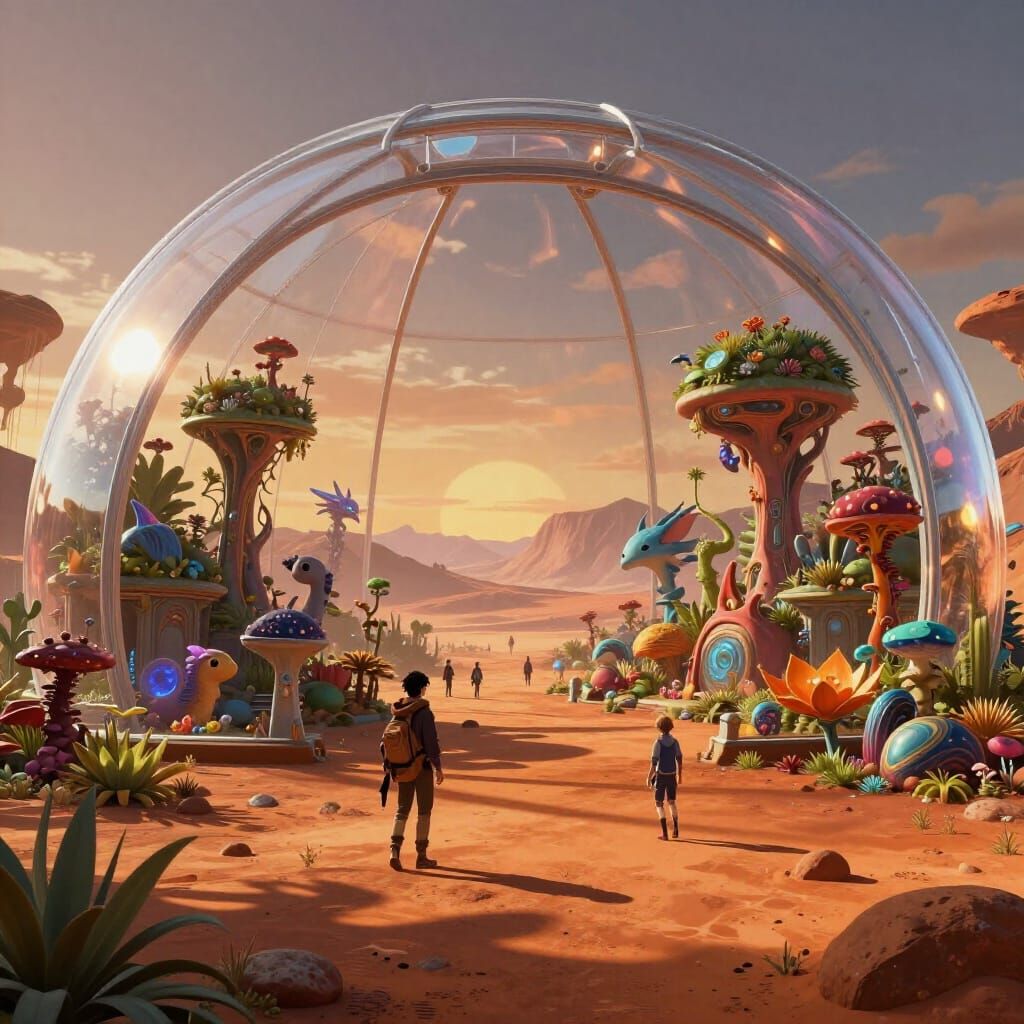 Alien Mars Biosphere with Humans and Creatures