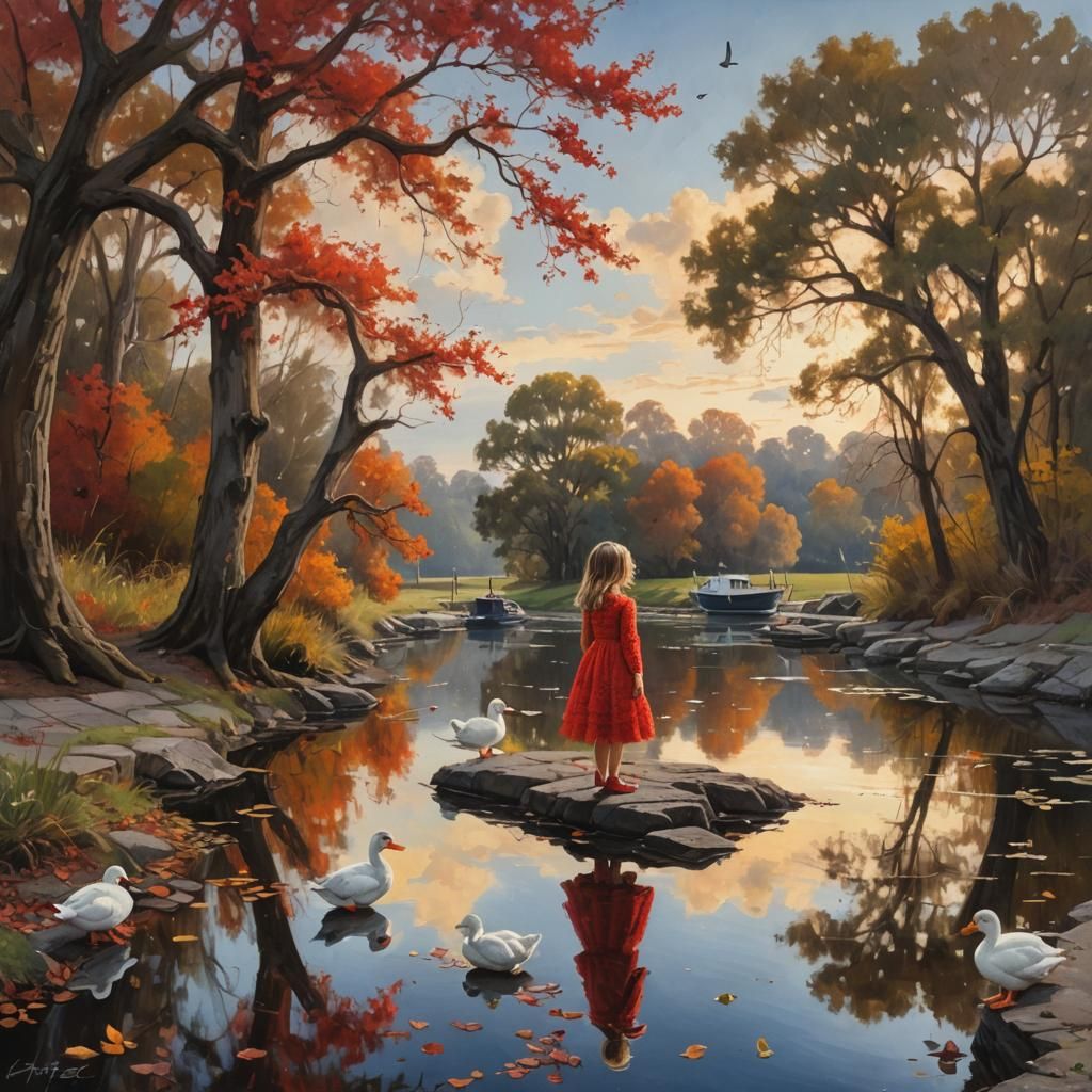 Autumn Reflection: Girl, Ducks, and Riverside Scene