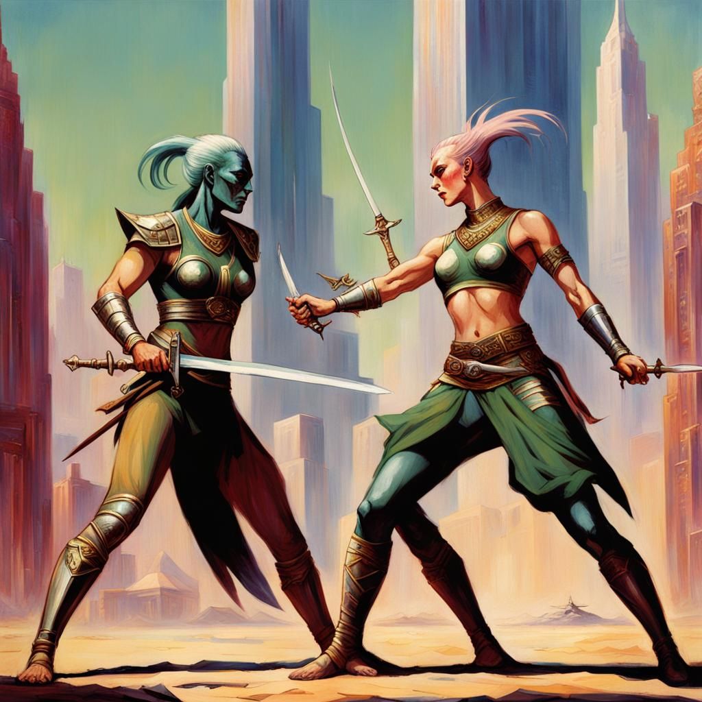 Barsoomian Green Martian Women Duel in Art Deco City