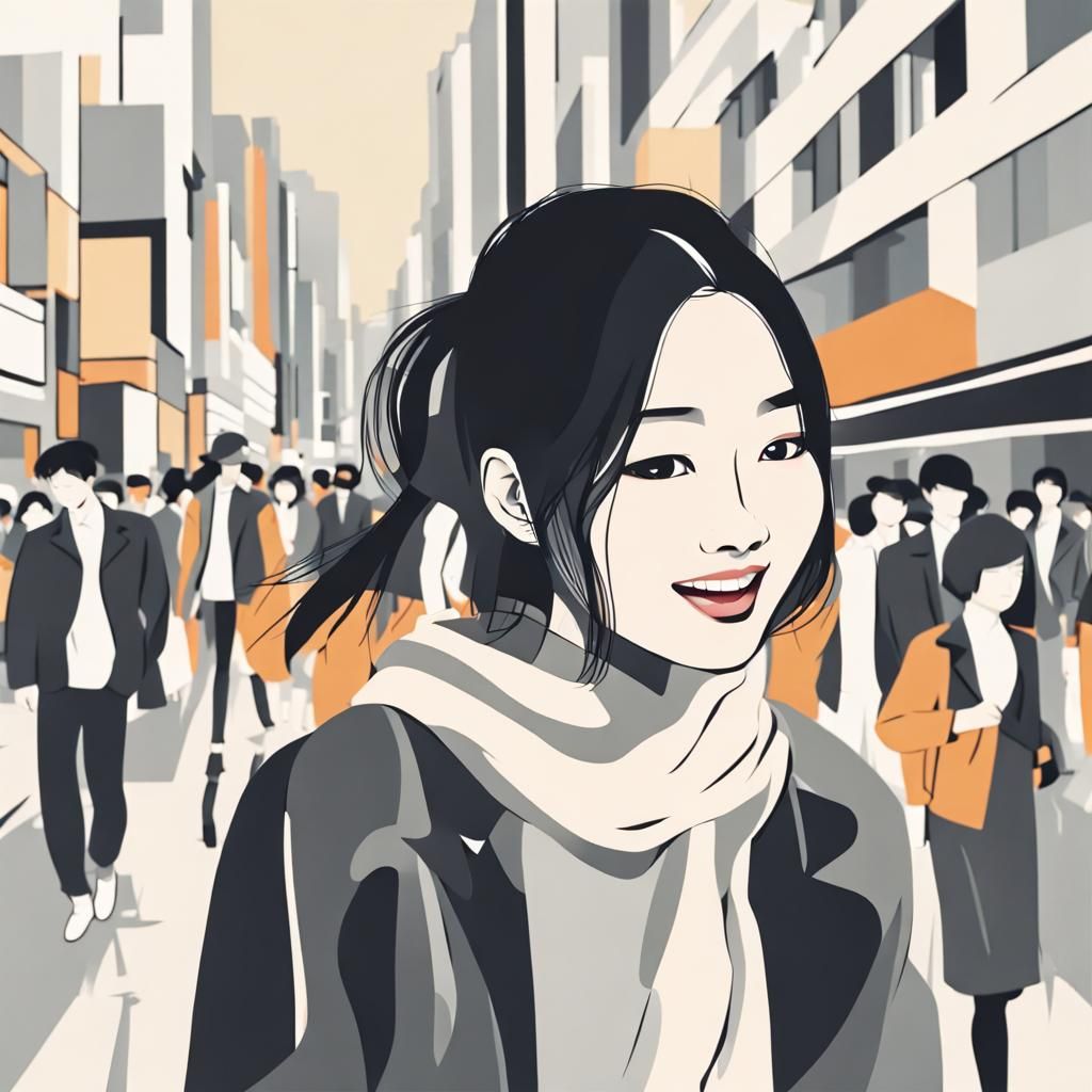 Smiling Korean Model in Abstract Modern City