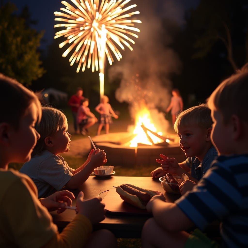 Kids Eating Hotdogs at Bonfire and Fireworks Show
