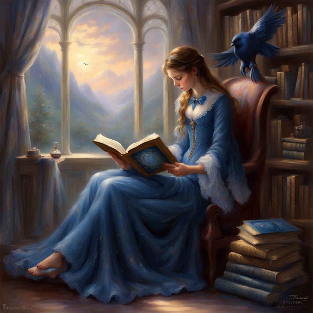 Ethereal Ravenclaw Girl Reading in Misty Landscape