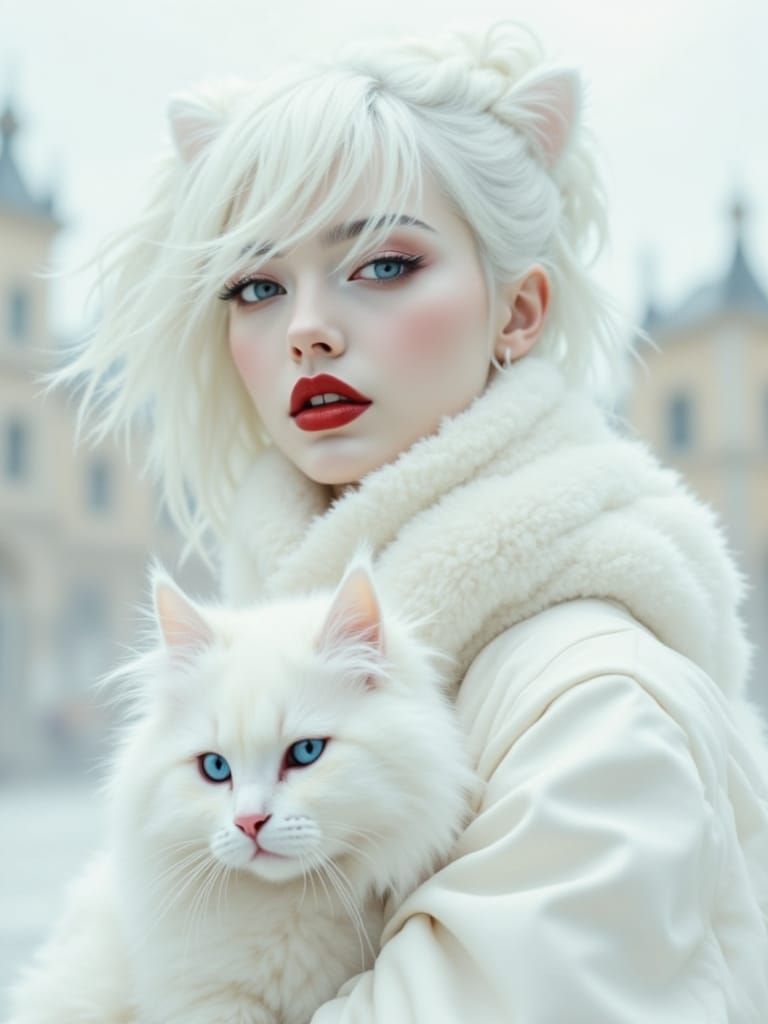 Ethereal Woman with Cat in Minimalist Cityscape