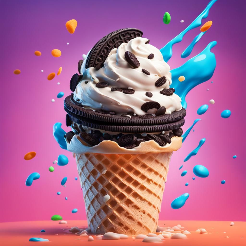 Hyperrealistic Oreo Ice Cream Cone Splash Art
