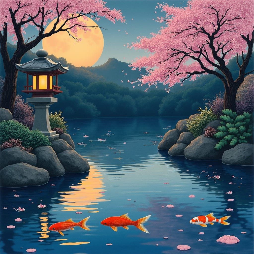 Twilight Japanese Garden in Ukiyo-e Style