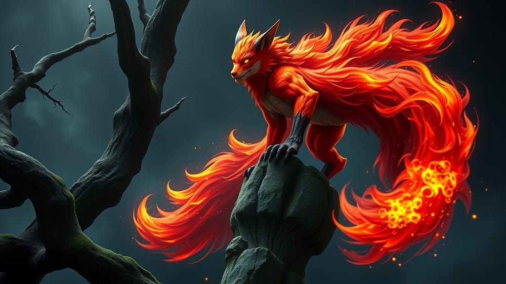 Majestic Kurama Fox Demon in Dark Mystical Forest