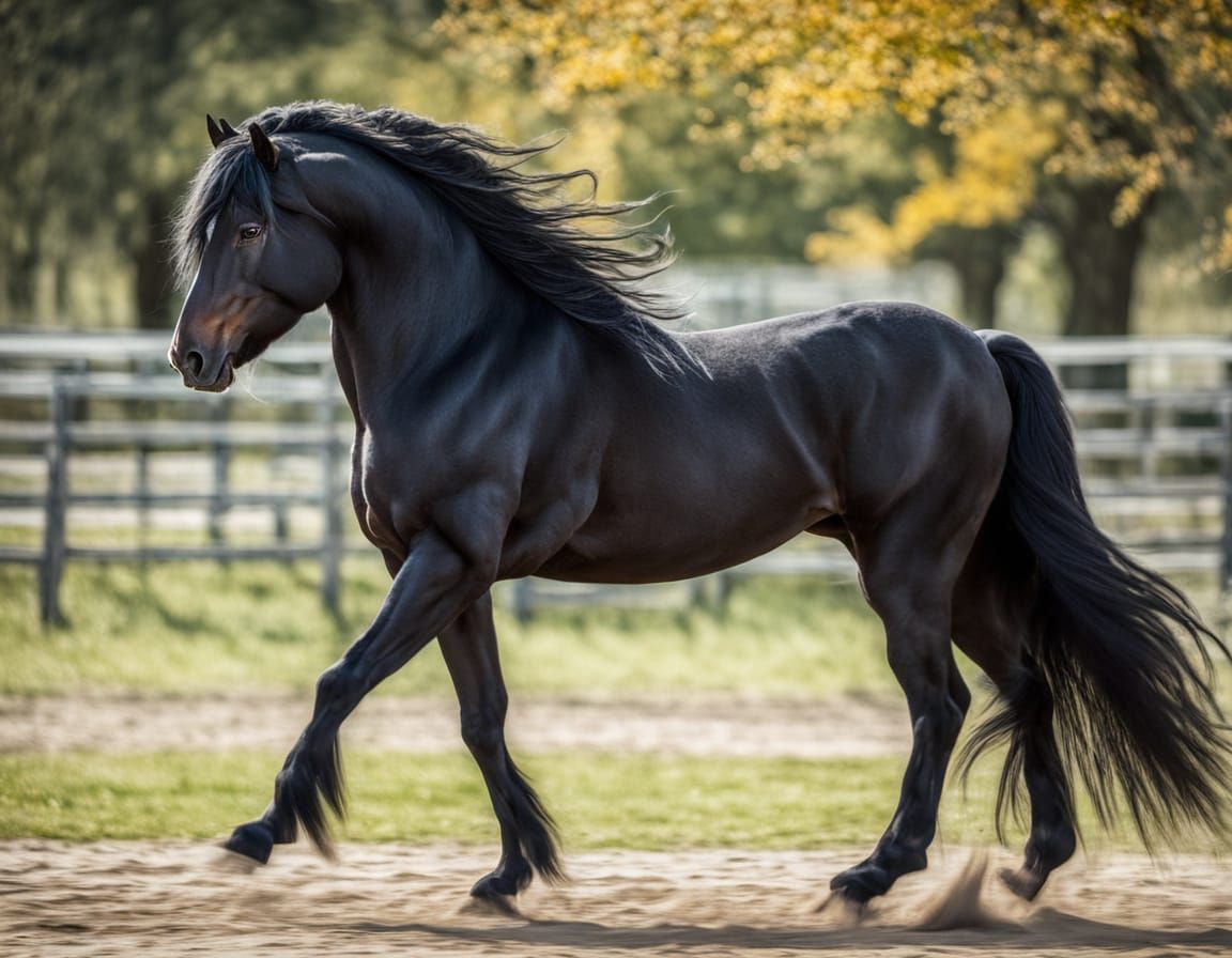 Majestic Black Friesian Stallion with Flowing Mane and Tail
