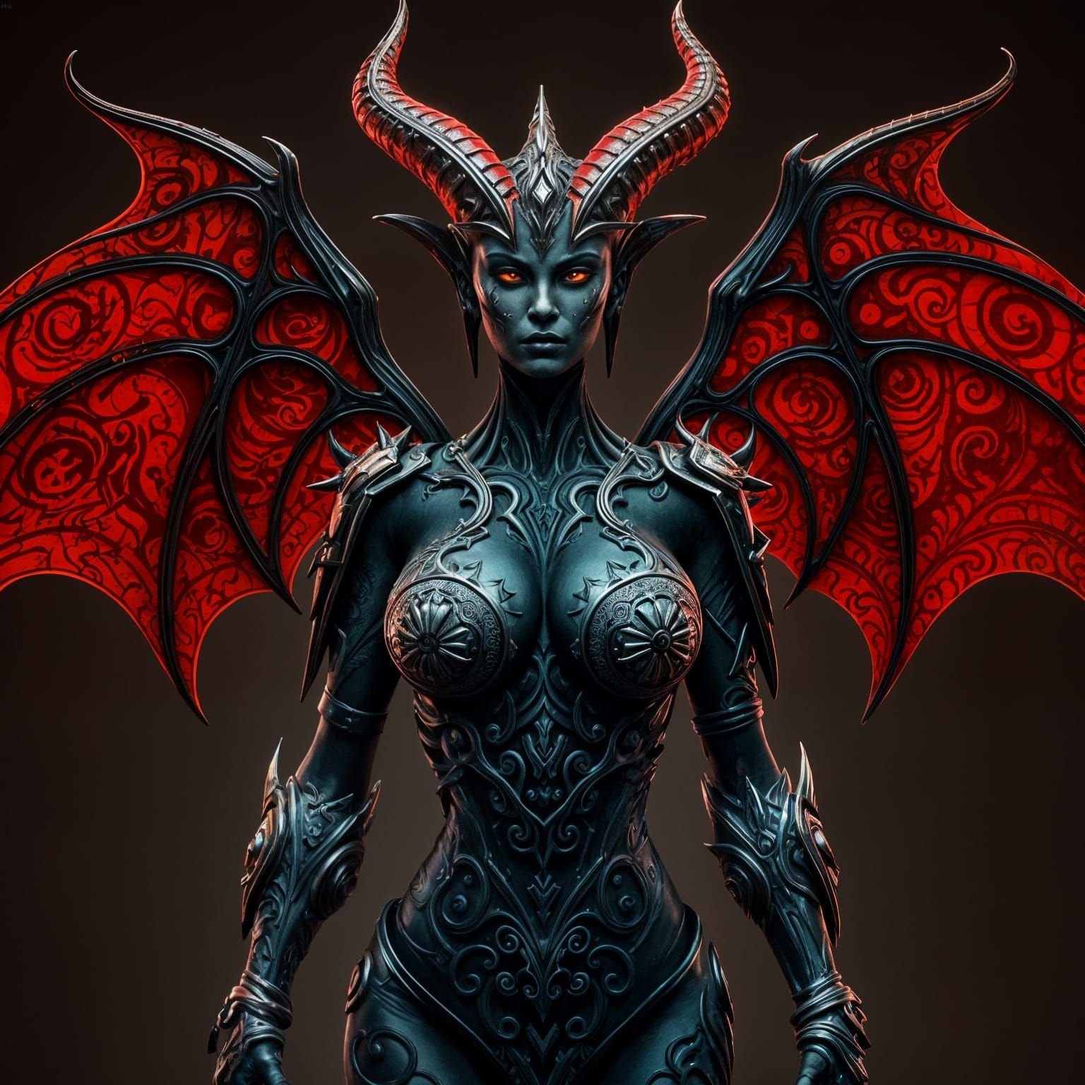 An evil, horrifically deformed demonic goddess with a large chest and adorned in deeply imbedded metallic tribal tattoos...