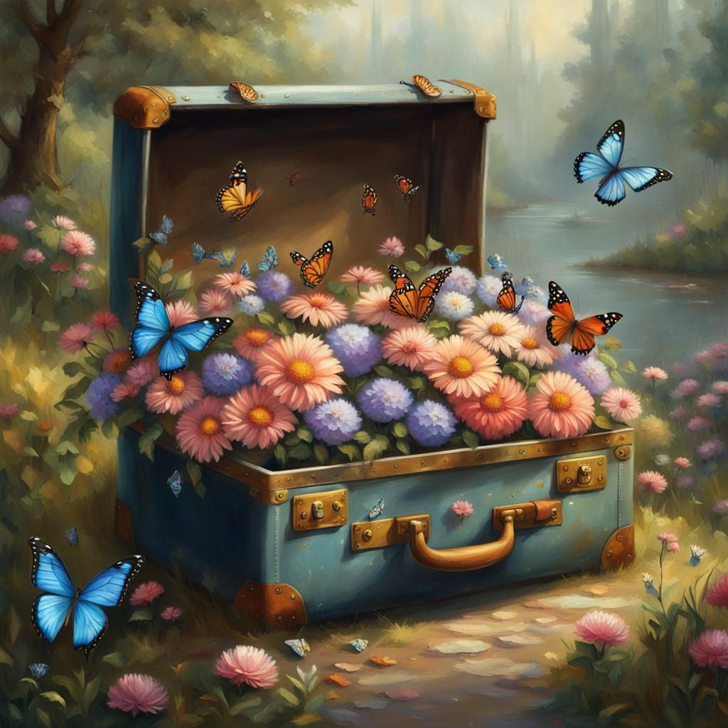 Fantasy Suitcase Painting with Flowers and Butterflies