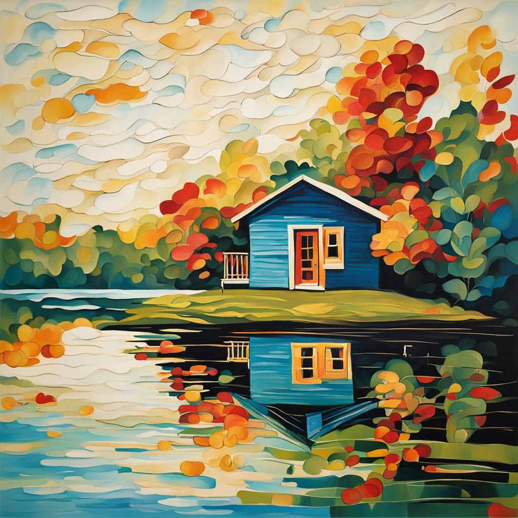 Abstract Cottage on a Lake with Complementary Colors