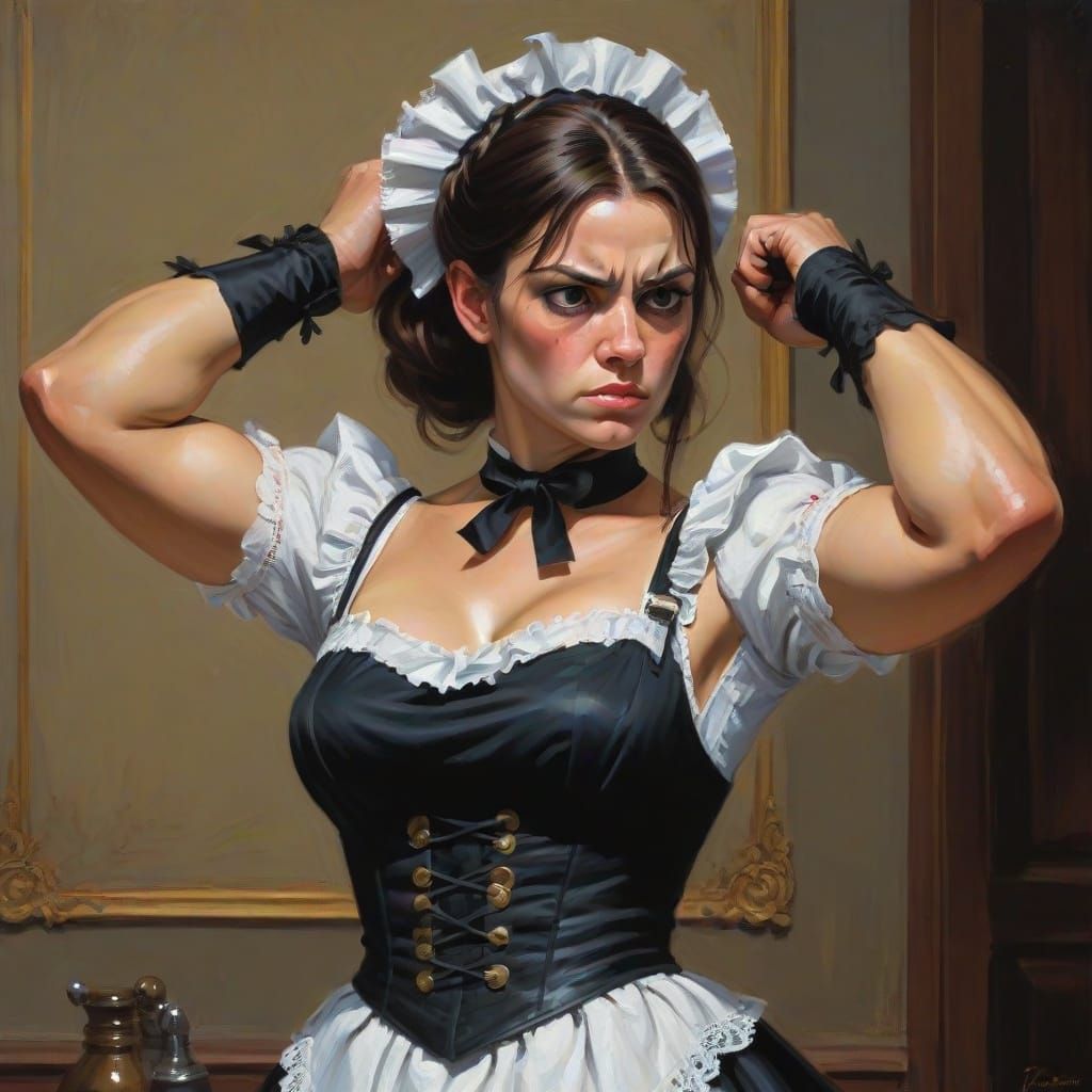 Strong French Maid Prepares for Battle in Oil Painting