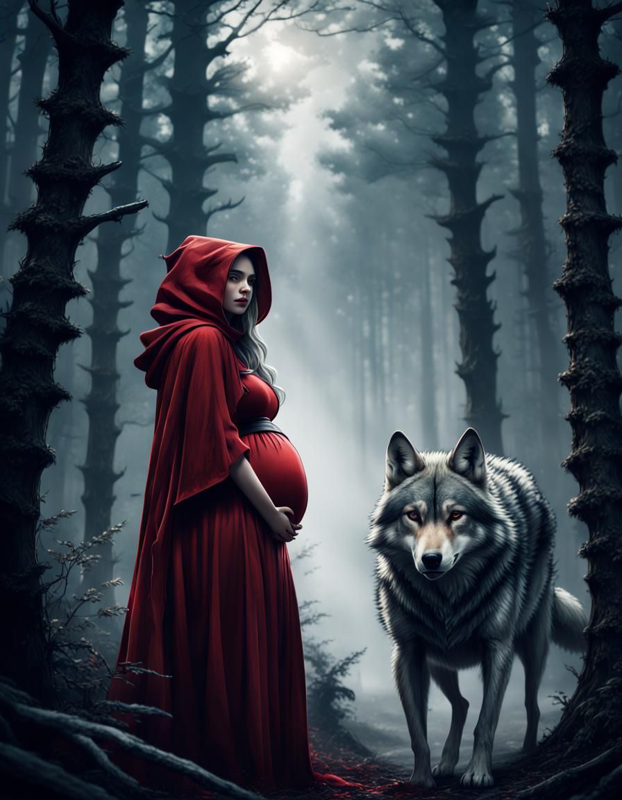 Pregnant Red Riding Hood and Wolf in Dark Forest
