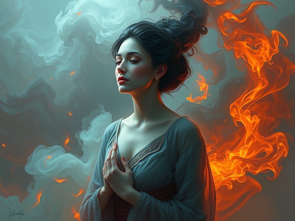 Serene Woman in Smoky, Fiery Ying Yang Dreamscape