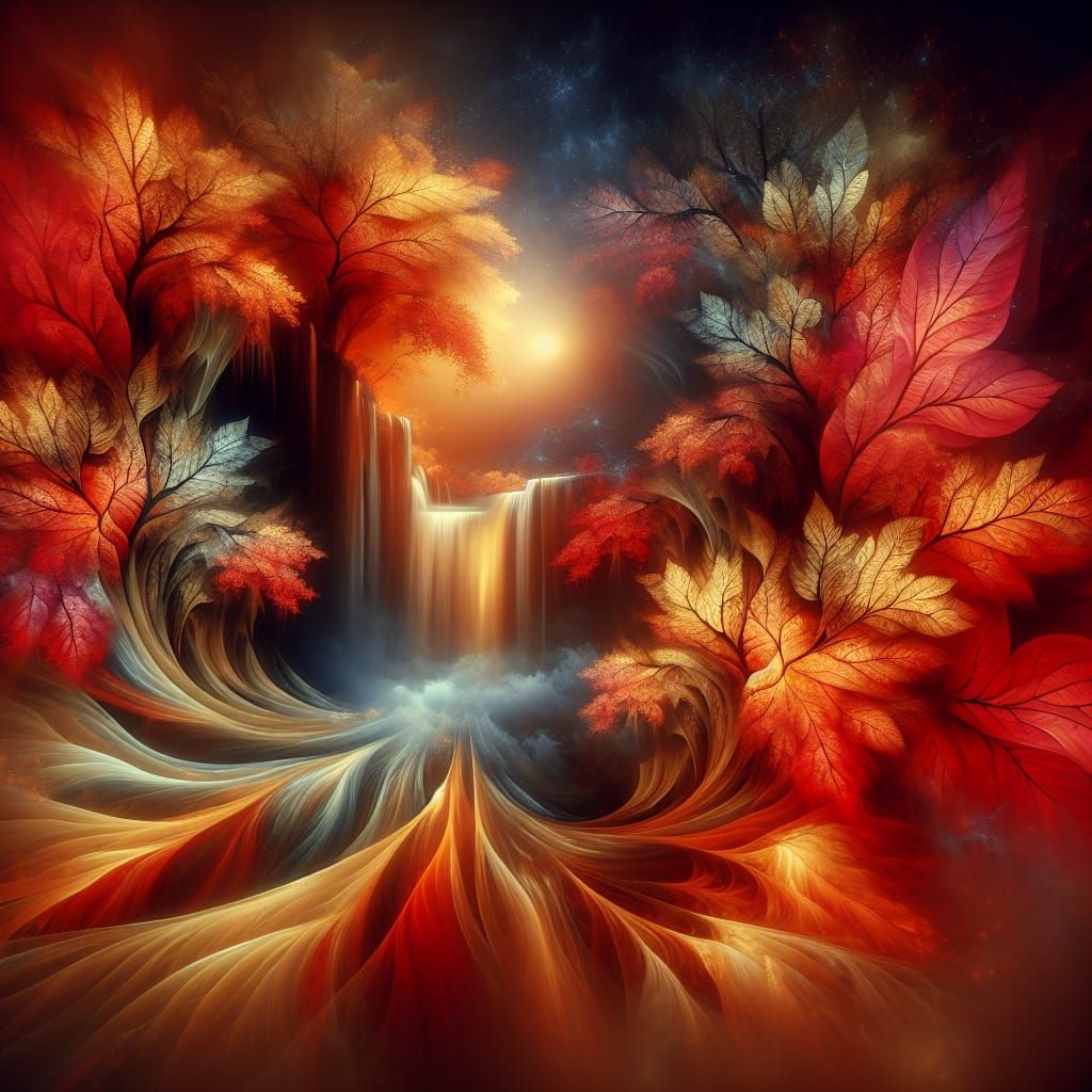 Autumn Forest Waterfall in Airbrush Style