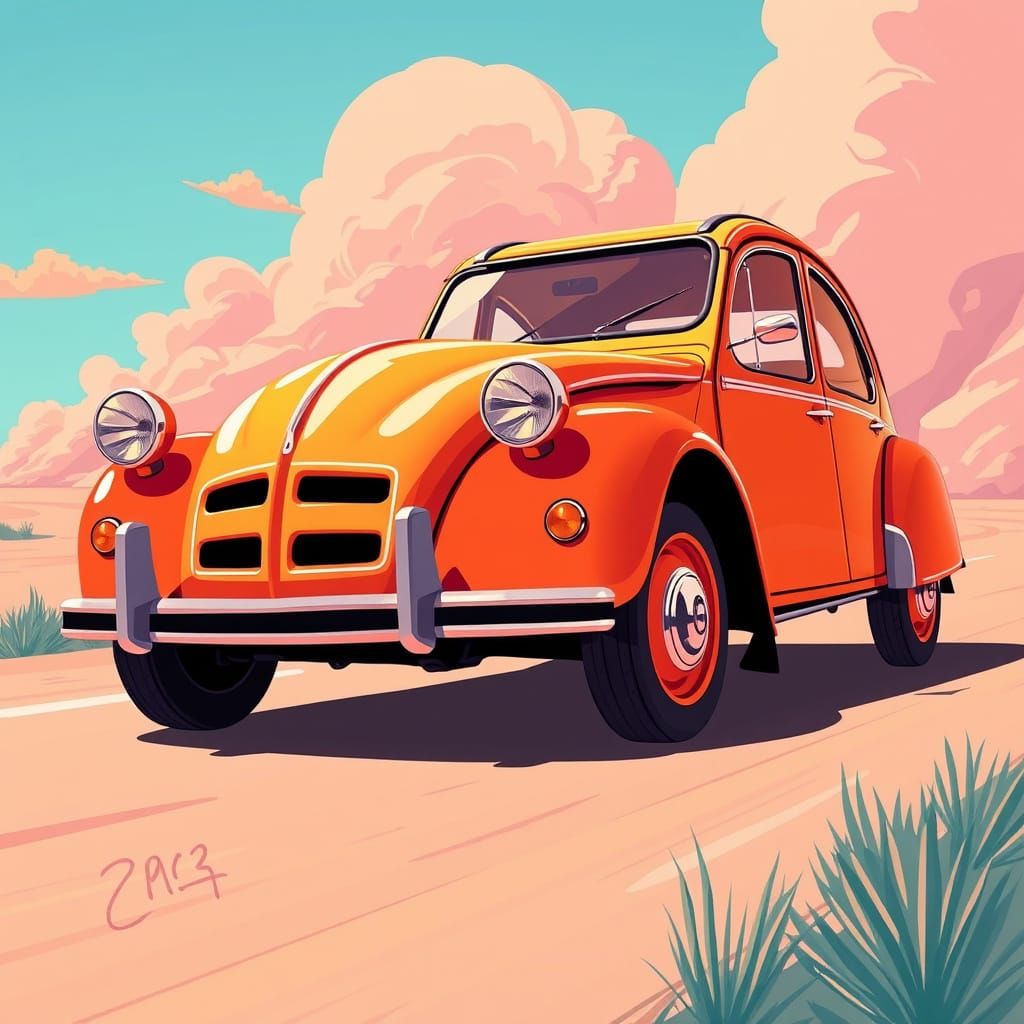 Stylized 2CV Car Illustration in Bright Sunlight