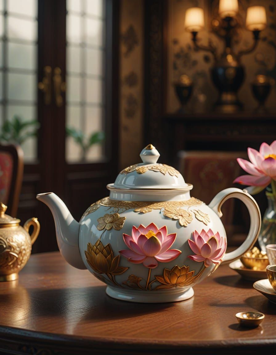 Lotus Teapot: Hyperrealistic Digital Matte Painting