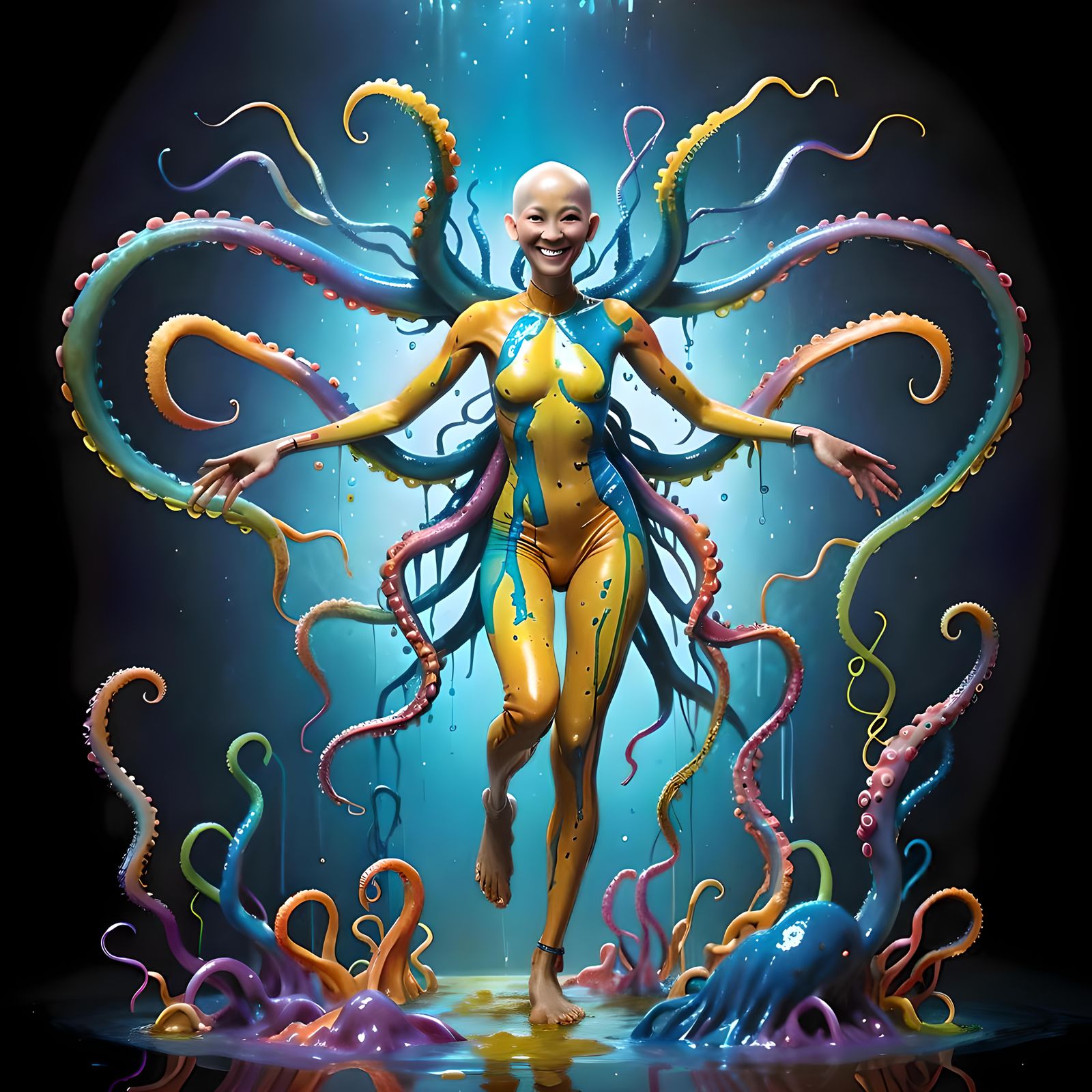 Hyperrealistic Nepalese Woman with Tentacles and Multicolore...