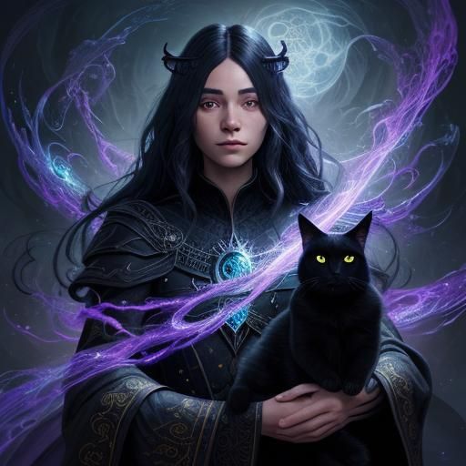 Wizard and Cat Familiar in Detailed Matte Painting