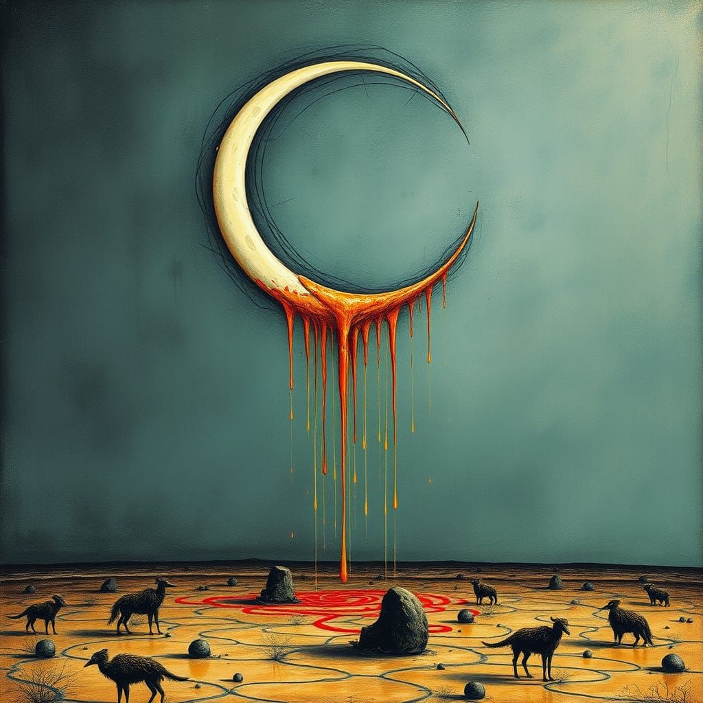 Surreal Dripping Crescent Moon Above Abstract Ground