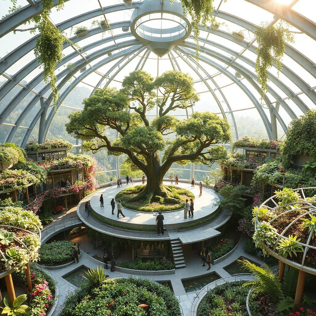 Sustainable Community Hub with Living Tree and Solar Dome
