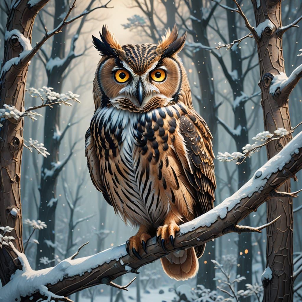 Whimsical Owl in Winter Wonderland, Vibrant Anime Style
