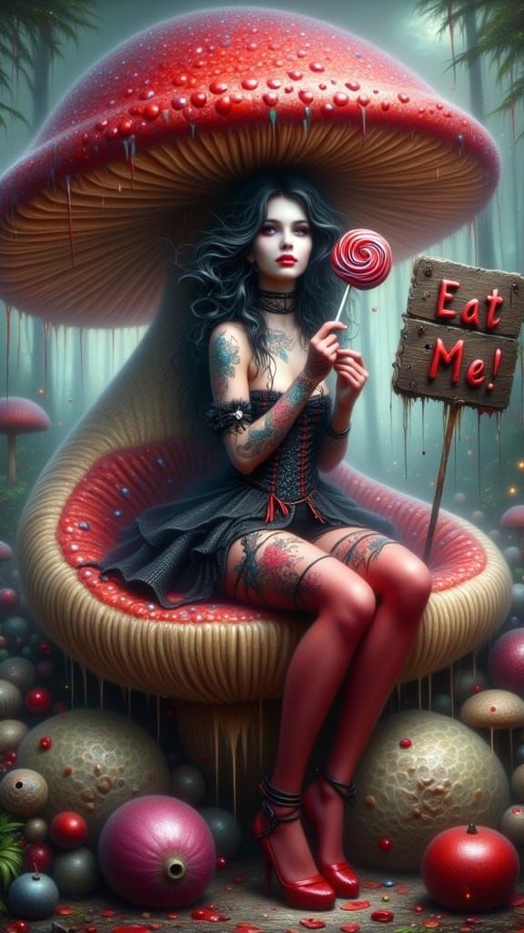 Corrupted Alice on Mushroom in Gothic Horror Style