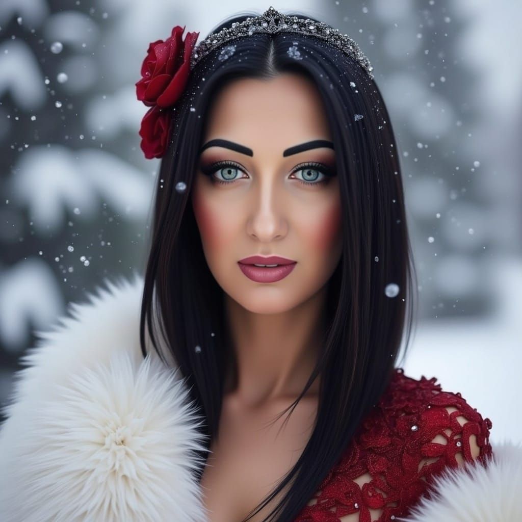 Glamorous Polish Woman in Red Gown, Winter Landscape