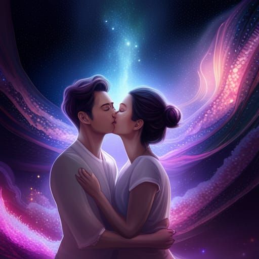 Cosmic Kiss: Holographic Astral Illustration
