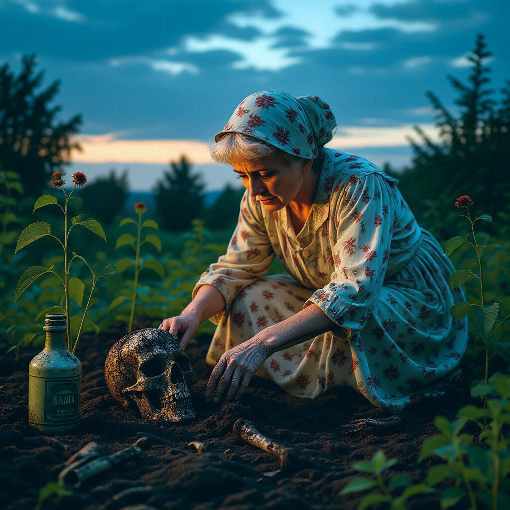 Eerie Garden Scene with Skeletal Remains