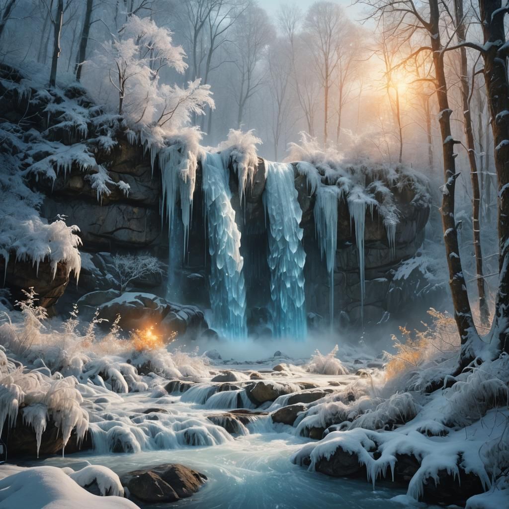 Majestic Frozen Waterfall in Mystical Forest