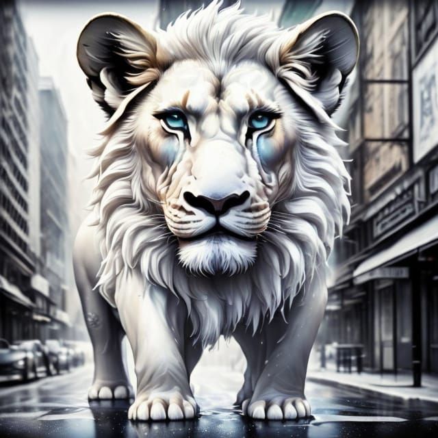 Albino Lion Roars for Treat on City Street