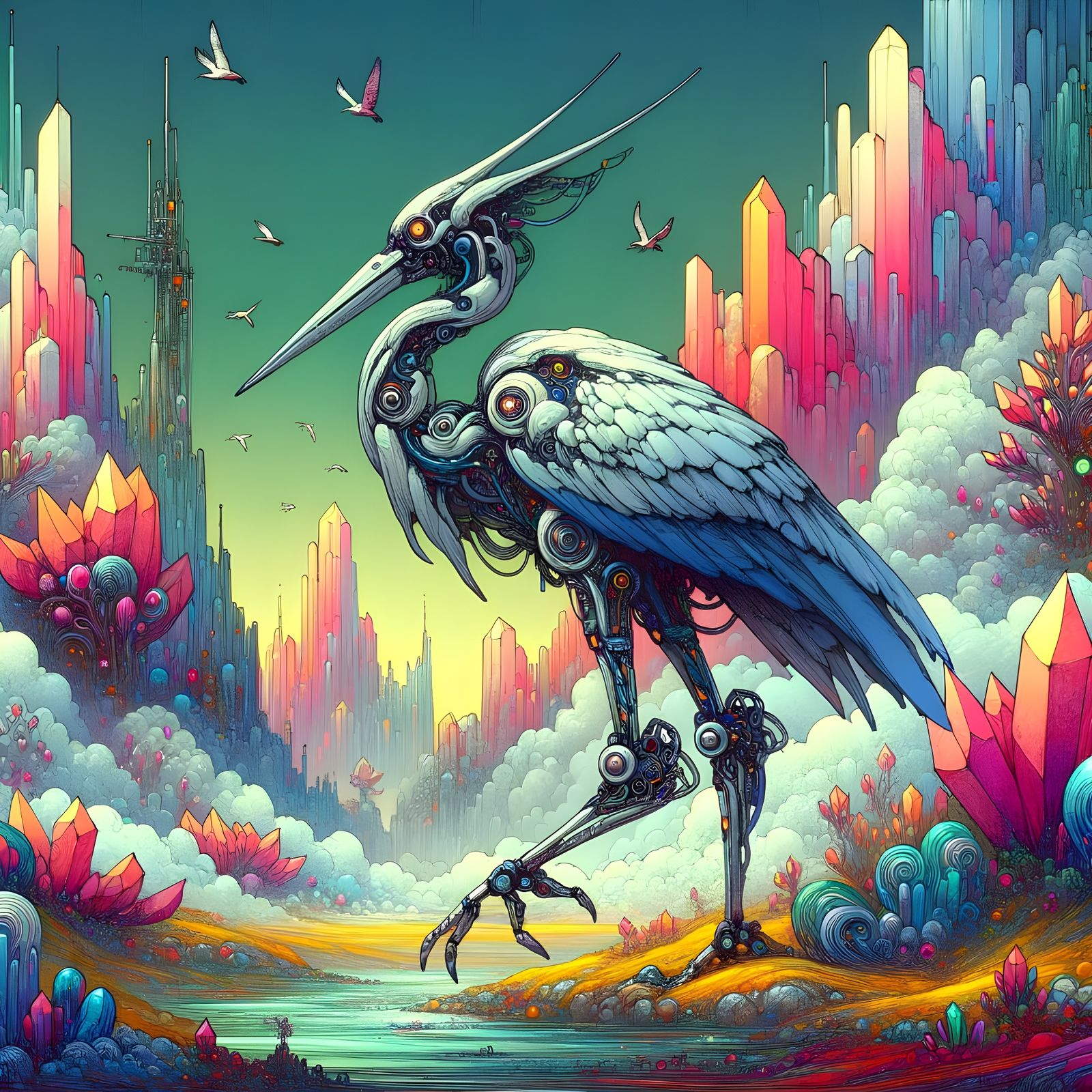 Colossal Robot Heron in a Post-Apocalyptic Landscape