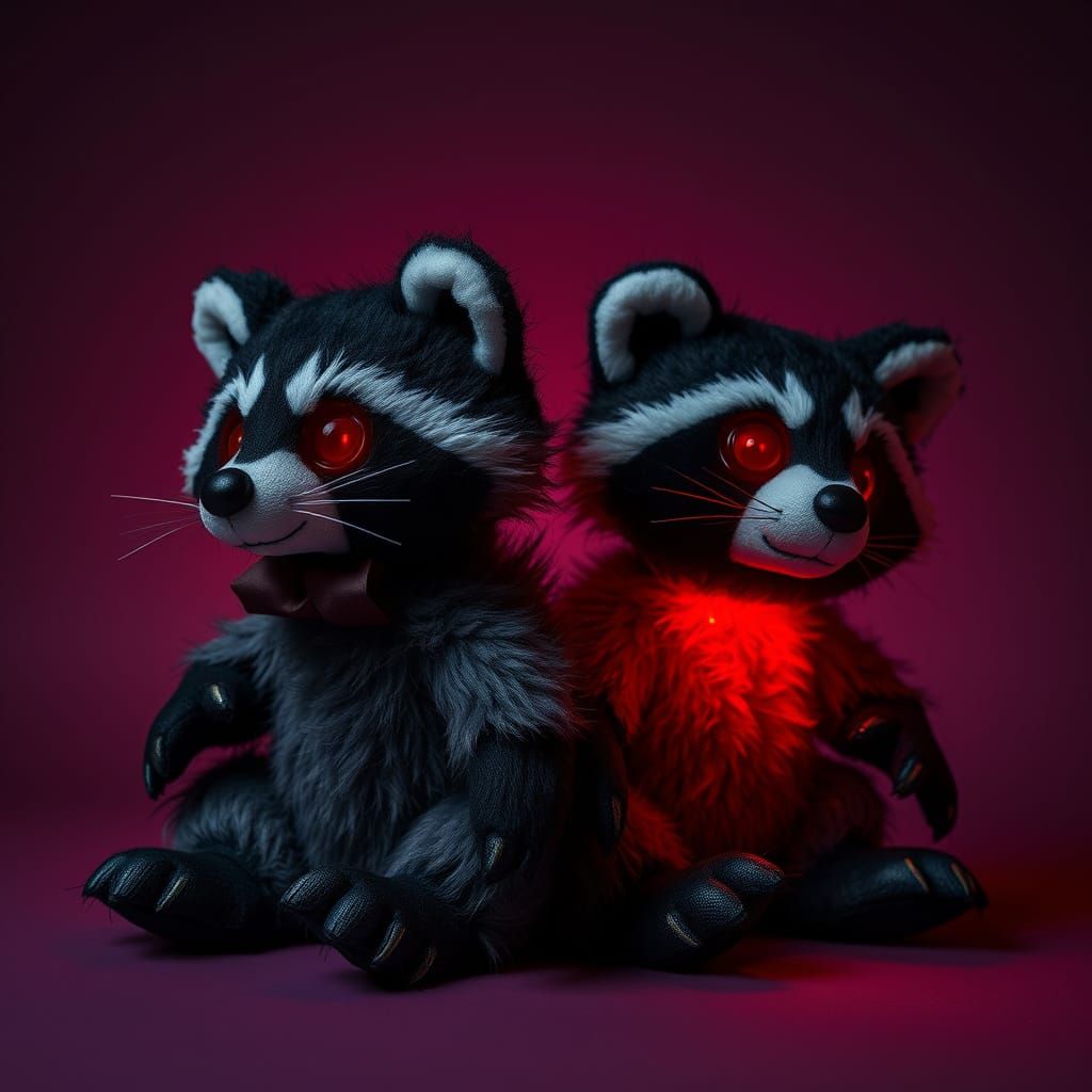 Ominous Raccoons in Dark Red Glow
