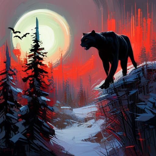 Black Panther with Glowing Eyes in Snowy Forest