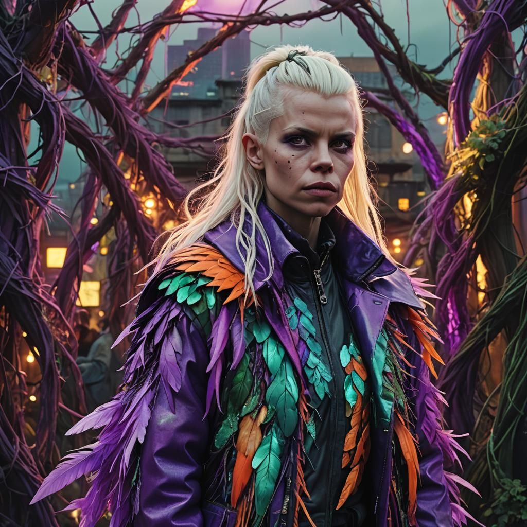 Dystopian Cityscape with Figure in Iridescent Feathers