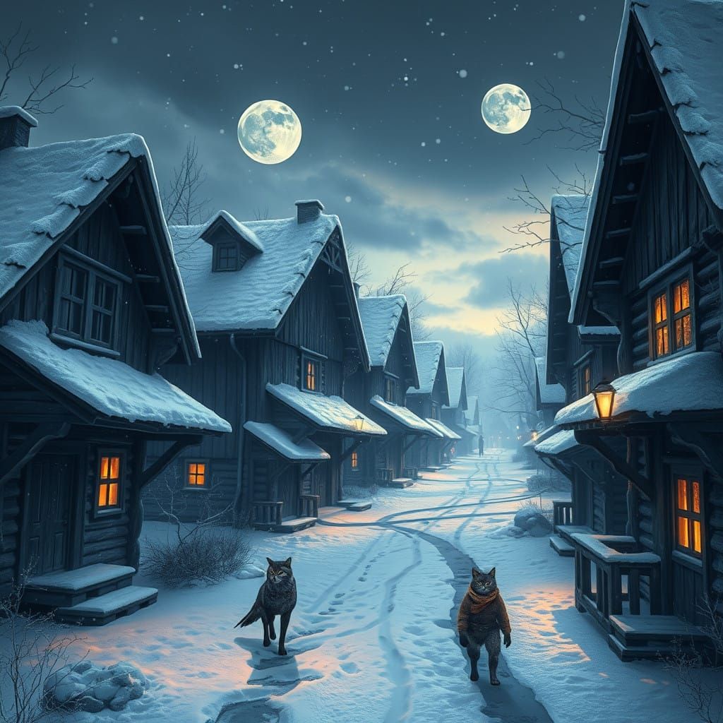 Frosty Village Under Snowstorm, Abandoned Buildings and Stra...