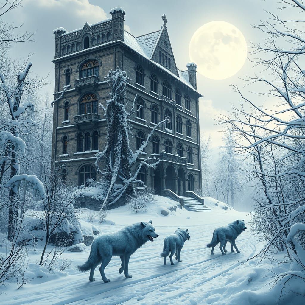 Gothic Winter Wonderland with Majestic, Snow-Covered Creatur...