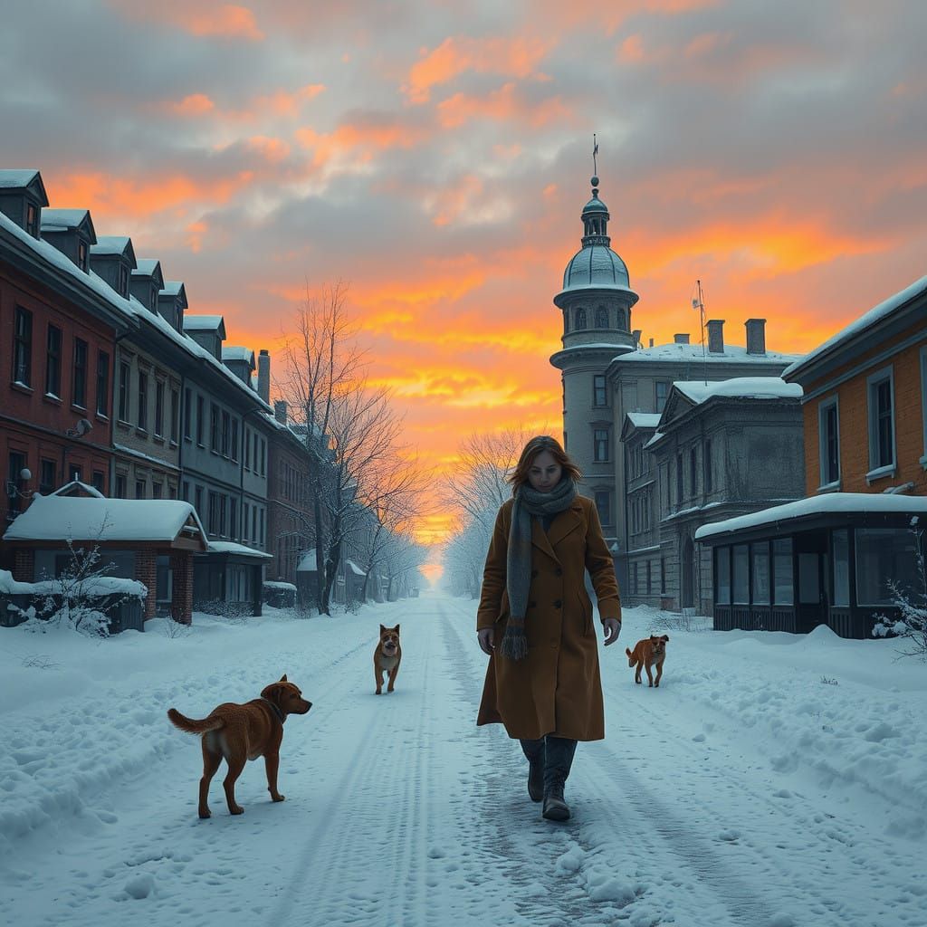 Ethereal Woman Strolls Through Snow-Blanketed Ruins in Fanta...