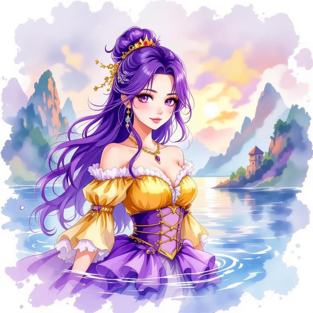 Plum-Haired Queen on Dragon Island in Watercolor Style