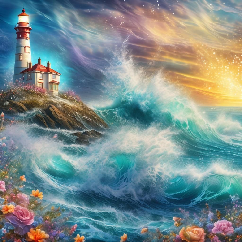 Fantasy Lighthouse Scene with Glittering Waves