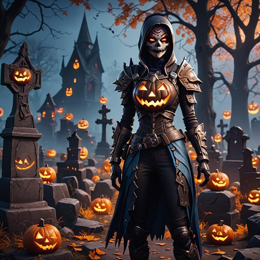 Creepy Fortnite Girl in Halloween Graveyard