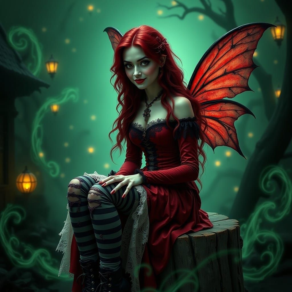 Victorian Gothic Ruby Fairy in Haunted Forest