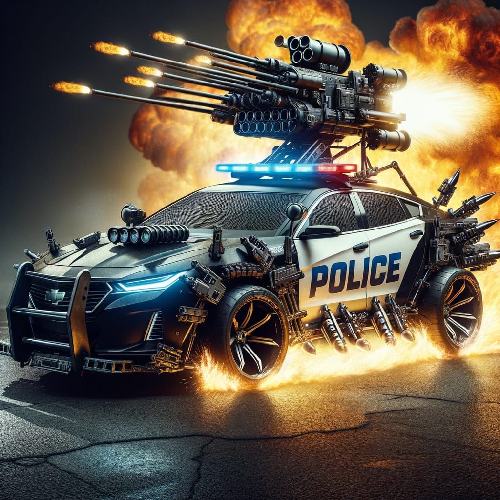 High-Tech Police Car with Guns and Rocket Launchers