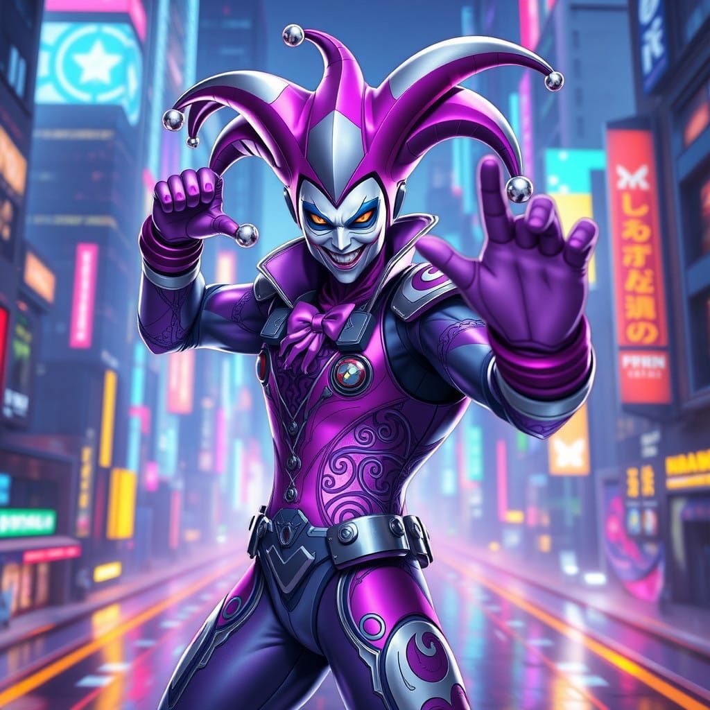 Neon Jester Hero in Futuristic Cityscape